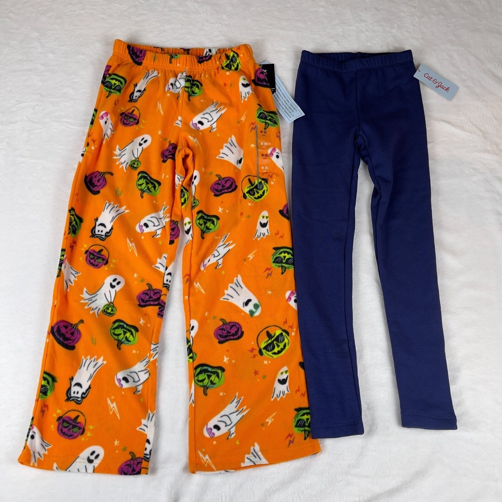 Cat & Jack Lot of 2 Pajama Pants Girls M Orange Cozy Fleece Pumpkin Print Pull O